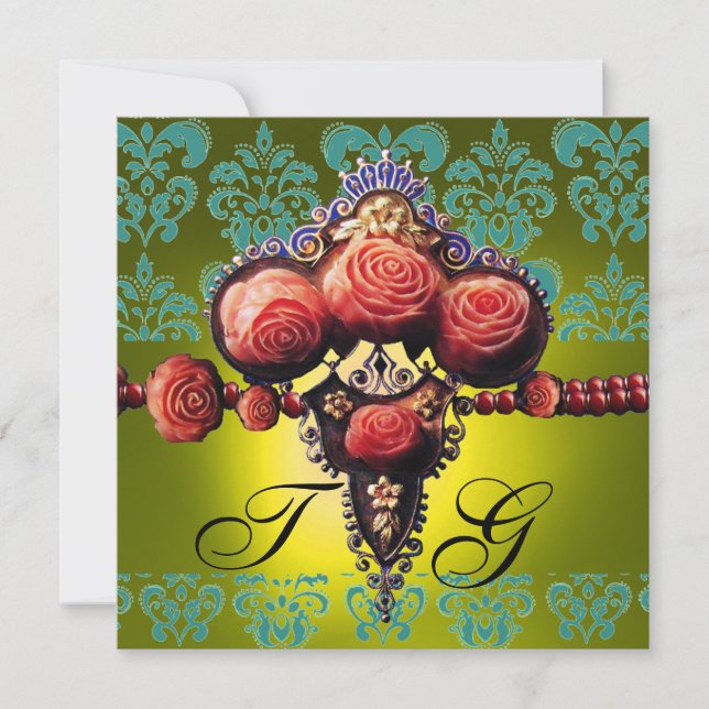 RED CORAL ROSES,BLACK GREEN YELLOW DAMASK MONOGRAM INVITATION (Front)