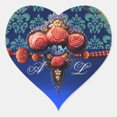 RED CORAL ROSES BLUE BLACK DAMASK HEART MONOGRAM HEART STICKER