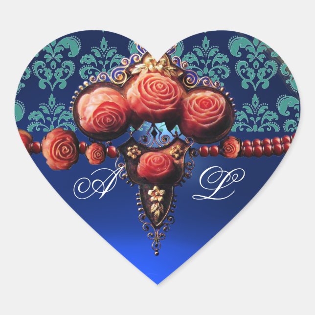 RED CORAL ROSES, BLUE BLACK DAMASK HEART MONOGRAM HEART STICKER (Front)