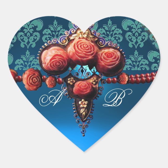 RED CORAL ROSES, BLUE BLACK DAMASK HEART MONOGRAM STICKER (Front)