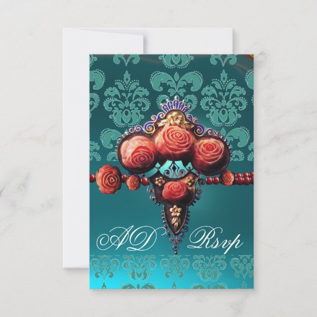 RED CORAL ROSES,BLUE BLACK DAMASK MONOGRAM RSVP CARD (Front)