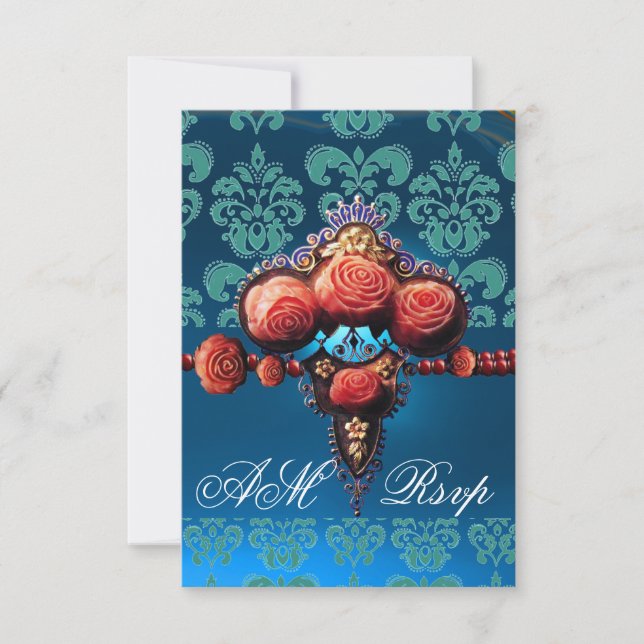 RED CORAL ROSES,BLUE BLACK DAMASK MONOGRAM RSVP CARD (Front)