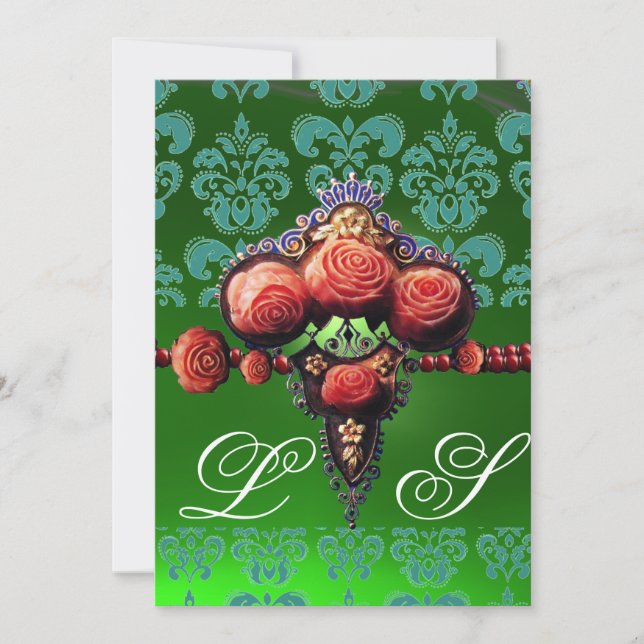 RED CORAL ROSES, BLUE BLACK GREEN DAMASK MONOGRAM INVITATION (Front)