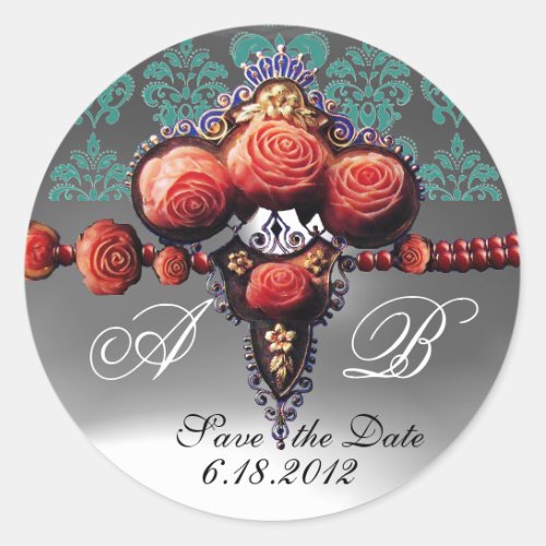 RED CORAL ROSES BLUE BLACK WHITE DAMASK MONOGRAM CLASSIC ROUND STICKER