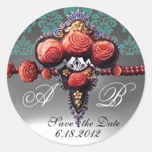 RED CORAL ROSES, BLUE BLACK WHITE DAMASK MONOGRAM CLASSIC ROUND STICKER