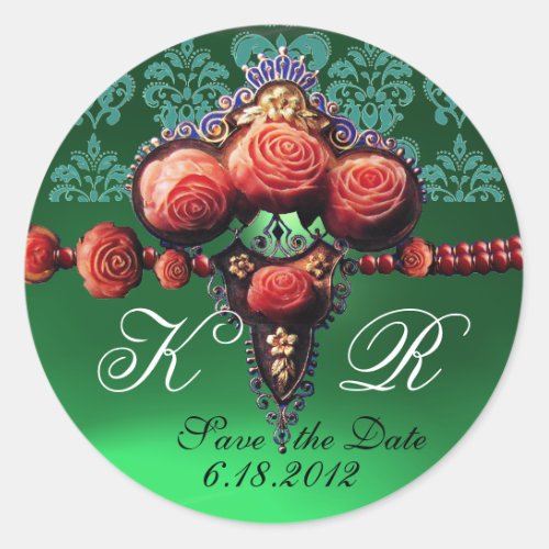 RED CORAL ROSESBLUE EMERALD GREEN DAMASK MONOGRAM CLASSIC ROUND STICKER