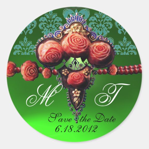 RED CORAL ROSESBLUE EMERALD GREEN DAMASK MONOGRAM CLASSIC ROUND STICKER