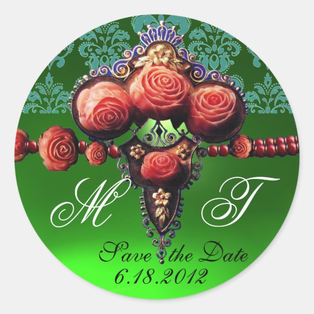 RED CORAL ROSES,BLUE EMERALD GREEN DAMASK MONOGRAM CLASSIC ROUND STICKER (Front)