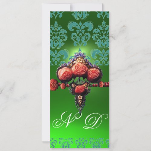 RED CORAL ROSESBLUE GREEN BLACK DAMASK MONOGRAM INVITATION