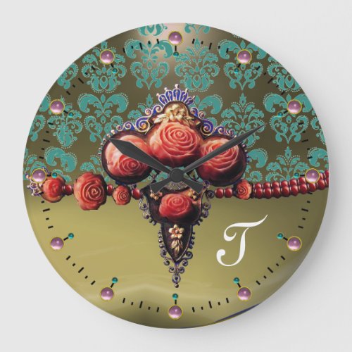 RED CORAL ROSES BLUE GREY DAMASK MONOGRAM LARGE CLOCK