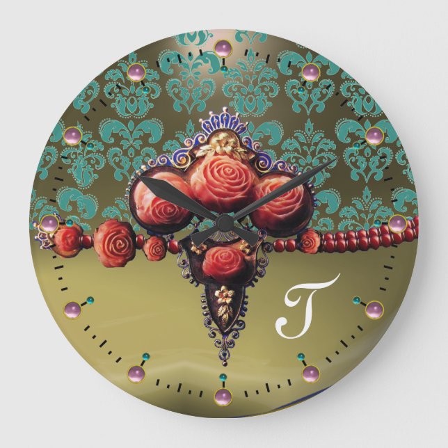 RED CORAL ROSES, BLUE GREY DAMASK MONOGRAM LARGE CLOCK (Front)
