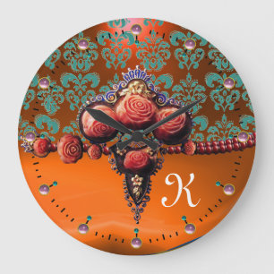 RED CORAL ROSES, BLUE ORANGE DAMASK MONOGRAM LARGE CLOCK