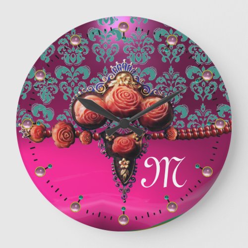 RED CORAL ROSES BLUE PINK FUCHSIA DAMASK MONOGRAM LARGE CLOCK