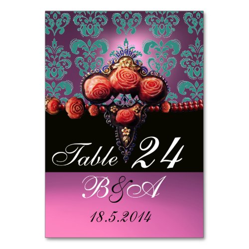 RED CORAL ROSES BLUE PINK LILAC DAMASK MONOGRAM TABLE NUMBER