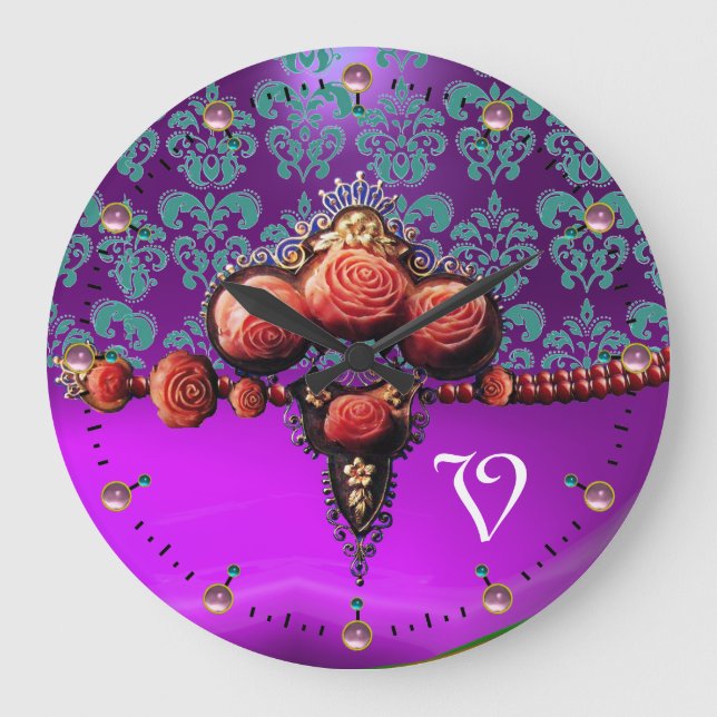 RED CORAL ROSES, BLUE PURPLE DAMASK MONOGRAM LARGE CLOCK (Front)