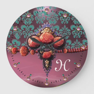 RED CORAL ROSES, BLUE PURPLE PINK DAMASK MONOGRAM LARGE CLOCK