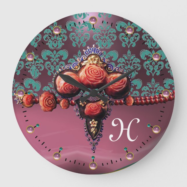 RED CORAL ROSES, BLUE PURPLE PINK DAMASK MONOGRAM LARGE CLOCK (Front)