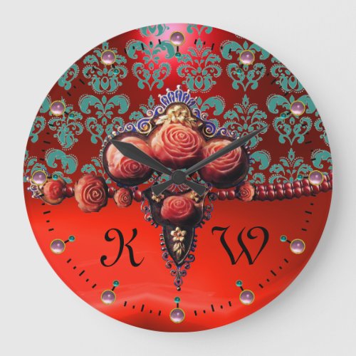 RED CORAL ROSESBLUE RED RUBY DAMASK MONOGRAM LARGE CLOCK