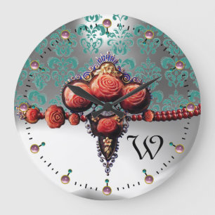RED CORAL ROSES,BLUE WHITE DAMASK MONOGRAM LARGE CLOCK