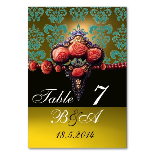 RED CORAL ROSESBLUE YELLOW BLACK DAMASK MONOGRAM TABLE NUMBER