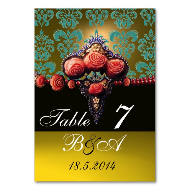 RED CORAL ROSES,BLUE YELLOW BLACK DAMASK MONOGRAM TABLE NUMBER (Back)