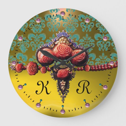 RED CORAL ROSESBLUE YELLOW TOPAZ DAMASK MONOGRAM LARGE CLOCK