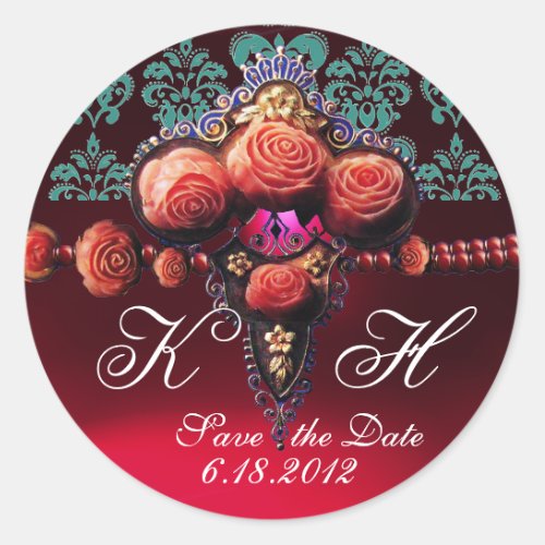 RED CORAL ROSESBURGUNDY RUBY DAMASK MONOGRAM CLASSIC ROUND STICKER
