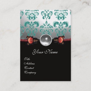 RED CORAL ROSES,GREEN BLACK WHITE DAMASK MONOGRAM BUSINESS CARD