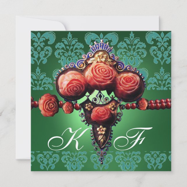 RED CORAL ROSES,GREEN BLUE BLACK DAMASK MONOGRAM INVITATION (Front)