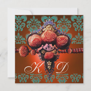 RED CORAL ROSES,ORANGE BLUE BLACK DAMASK MONOGRAM INVITATION