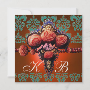 RED CORAL ROSES,ORANGE BLUE GOLD DAMASK MONOGRAM INVITATION