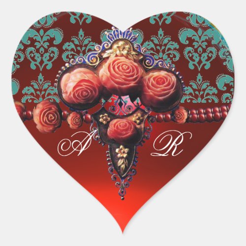 RED CORAL ROSES RUBY DAMASK HEART MONOGRAM HEART STICKER