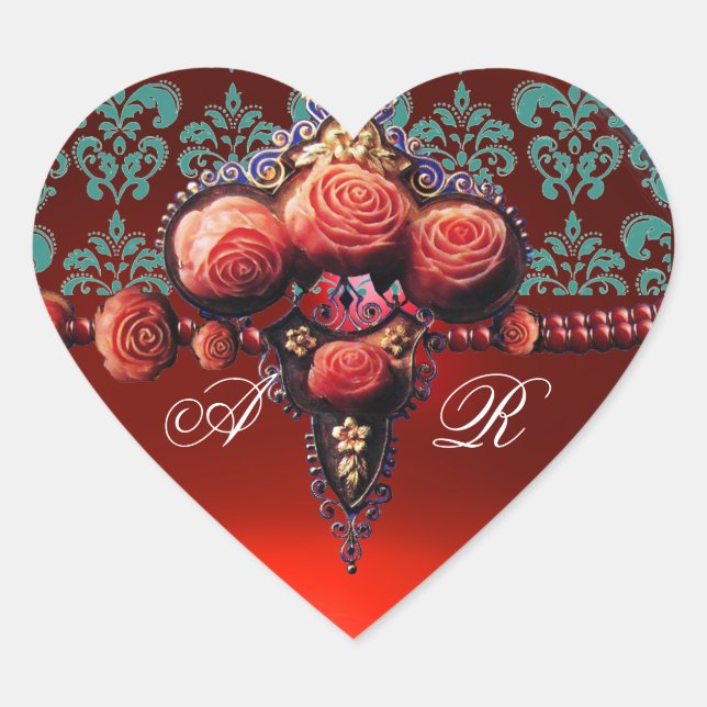 RED CORAL ROSES, RUBY DAMASK HEART MONOGRAM HEART STICKER (Front)