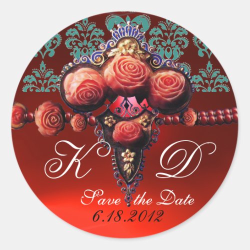 RED CORAL ROSESRUBY DAMASK MONOGRAM CLASSIC ROUND STICKER