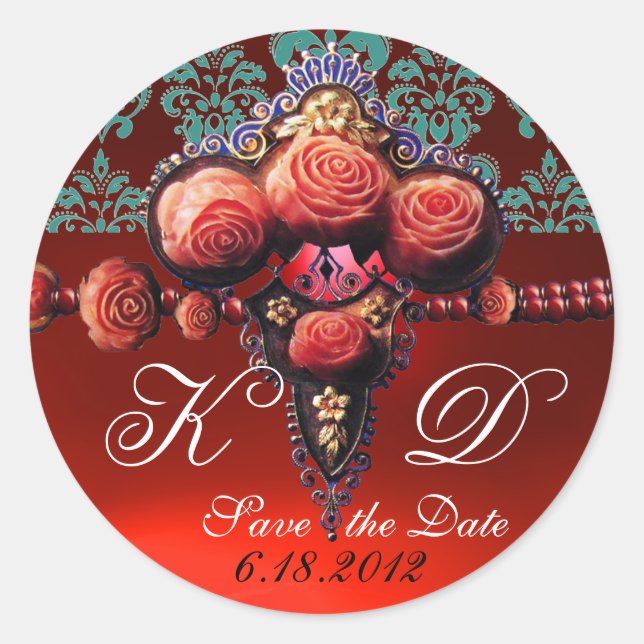 RED CORAL ROSES,RUBY DAMASK MONOGRAM CLASSIC ROUND STICKER (Front)