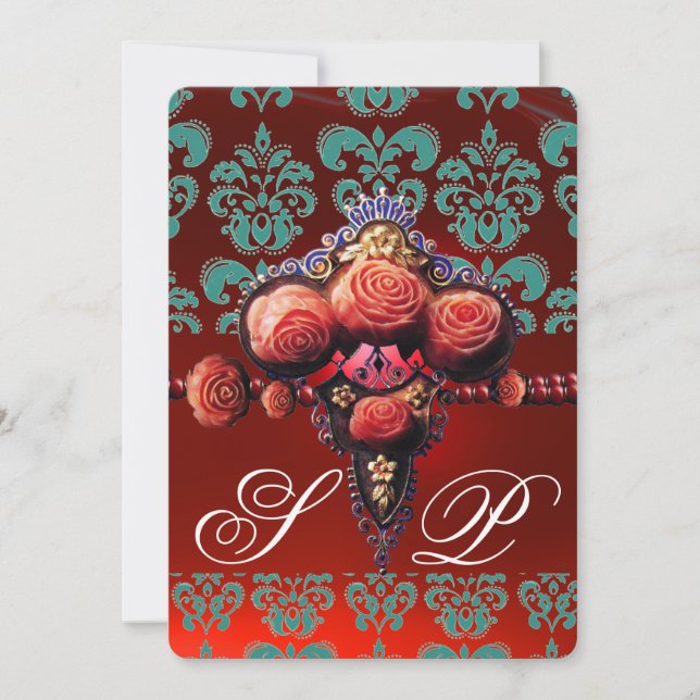 RED CORAL ROSES, TEAL BLUE BLACK DAMASK MONOGRAM INVITATION (Front)