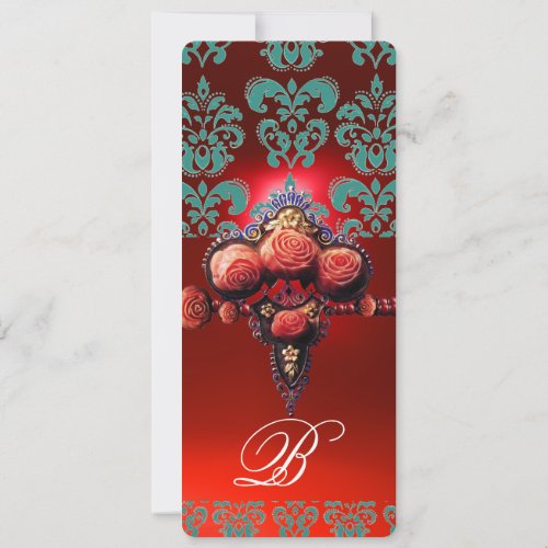 RED CORAL ROSES TEAL BLUE BLACK DAMASK MONOGRAM INVITATION