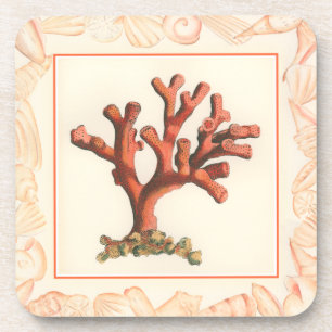 Red Coral with Conch Shell Border Coaster