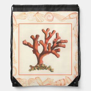 Red Coral with Conch Shell Border Drawstring Bag