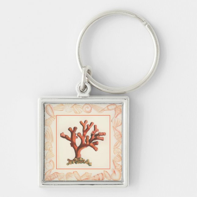 Red Coral with Conch Shell Border Keychain (Front)