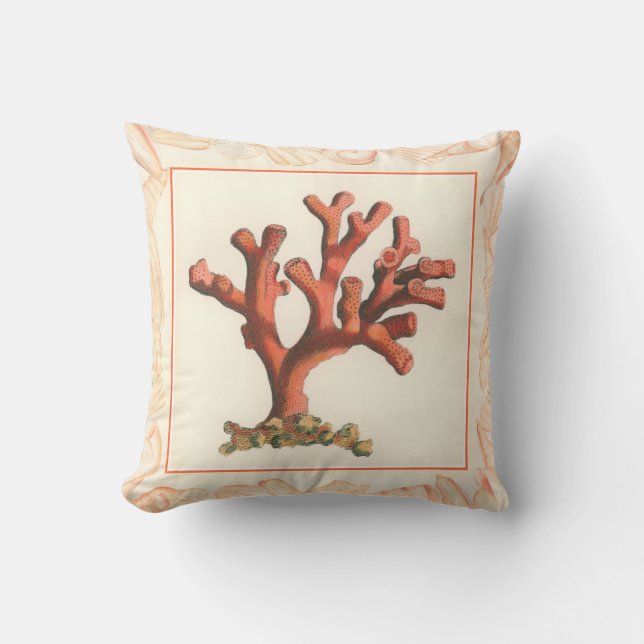 Red Coral with Conch Shell Border Throw Pillow (Front)