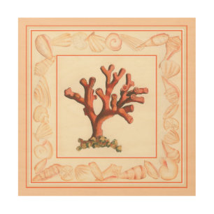 Red Coral with Conch Shell Border Wood Wall Art
