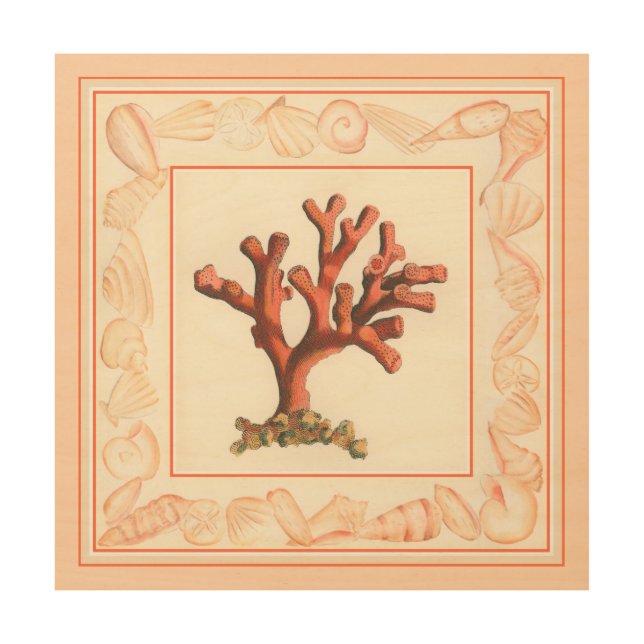 Red Coral with Conch Shell Border Wood Wall Art (Front)