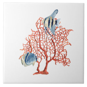 Red Coral with Tropical Fish, Angelfish Watercolor Ceramic Tile