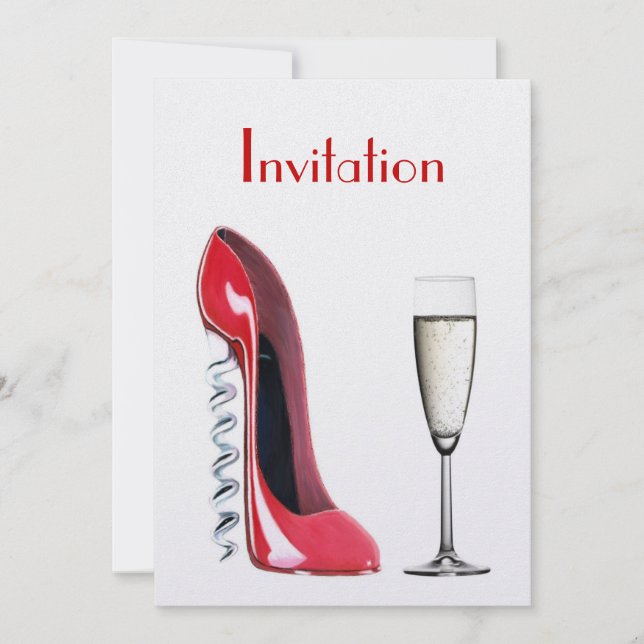 Red Corkscrew Stiletto Shoe and Champagne Glass In Invitation (Front)