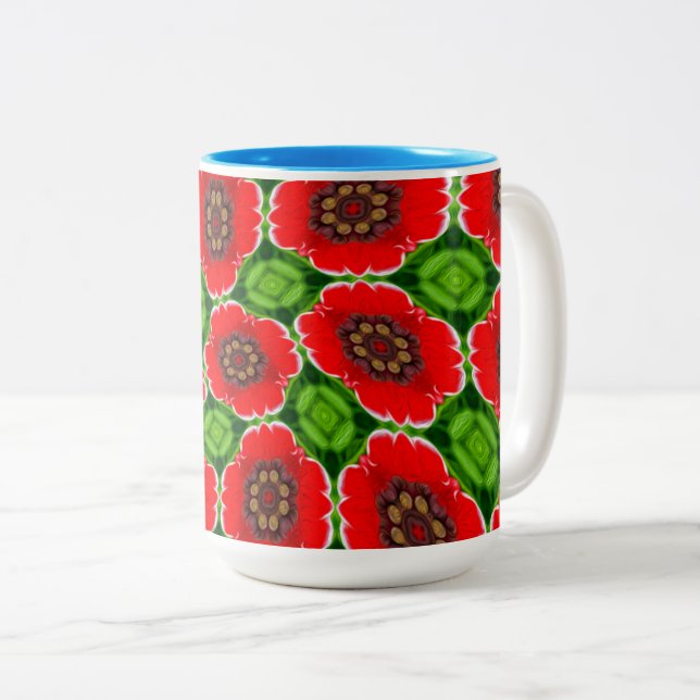 Red Corn Poppies Pattern Two-Tone Coffee Mug (Front Right)