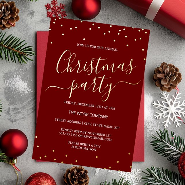 Red Corporate Christmas Party Calligraphy Confetti Foil Invitation (Creator Uploaded)