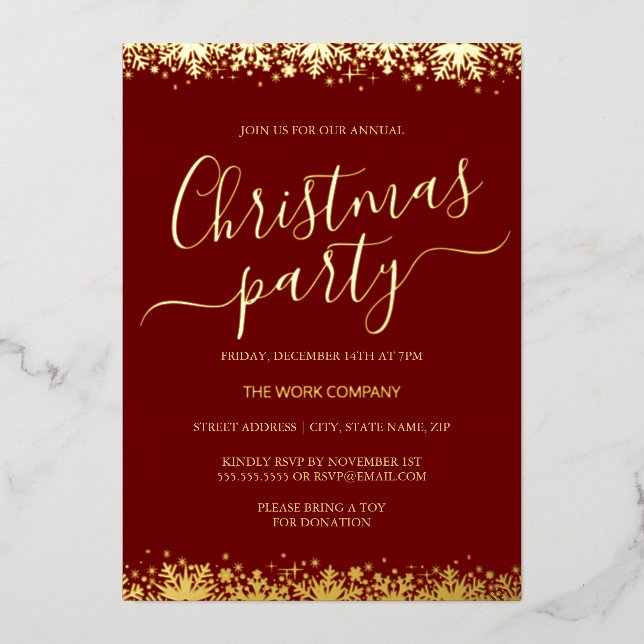 Red Corporate Christmas Party Gold Snowflake Foil Invitation (Front)