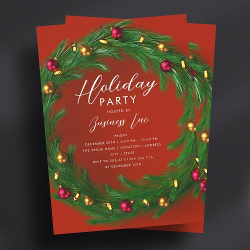 Red Corporate Holiday Party Festive Wreath  Invitation