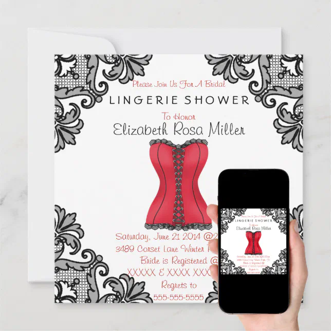 Red Corset And Black Lace Lingerie Bridal Shower Invitation Zazzle